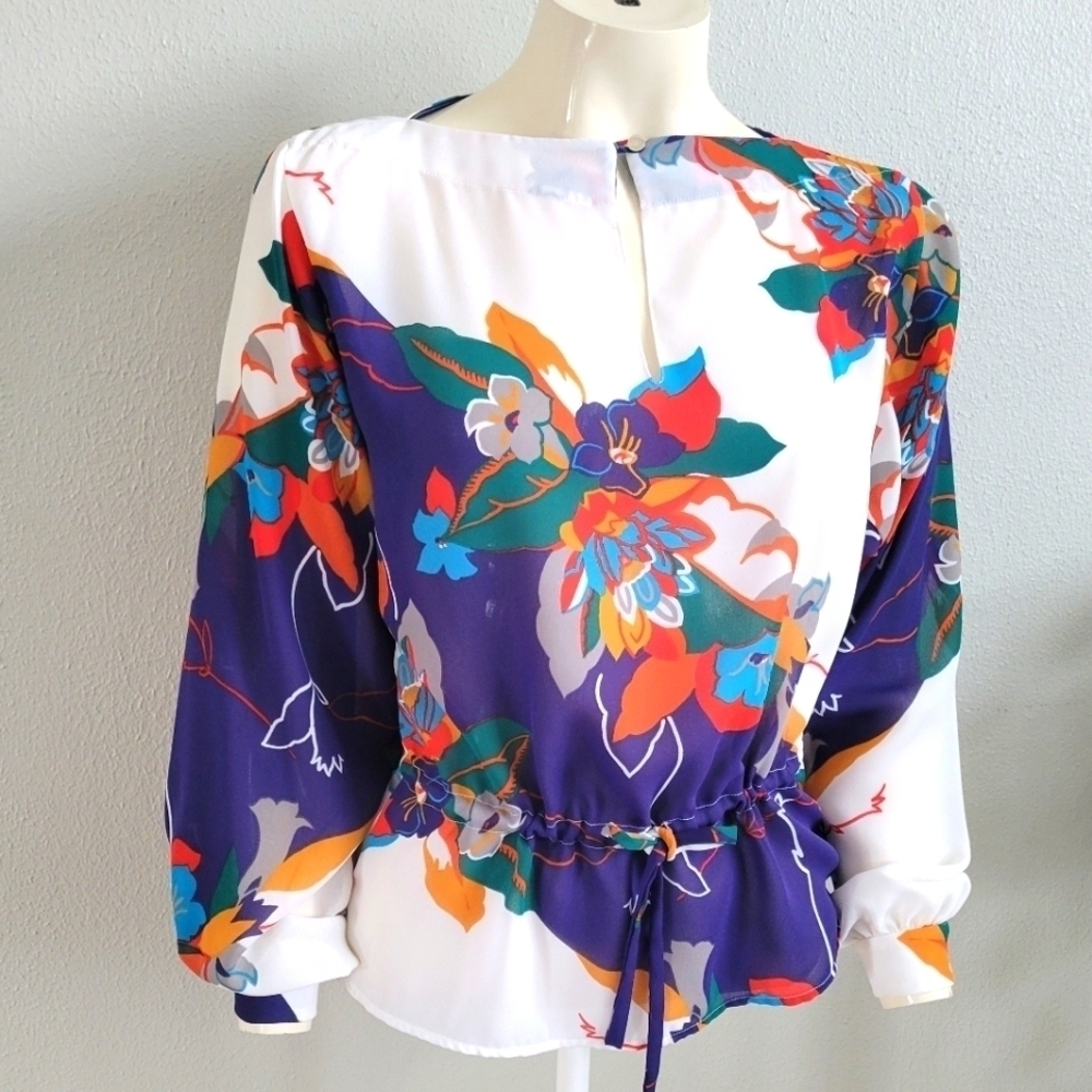 PIERRE CARDIN Vintage 90s Floral Blouse Top Long Sleeves Chiffon sz M